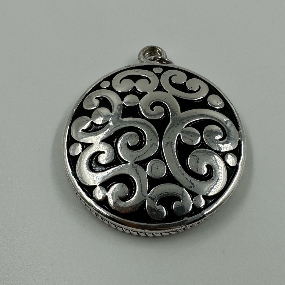 Silver Tone Two Sided Hammered and Intricate Scroll Design Round Pendant